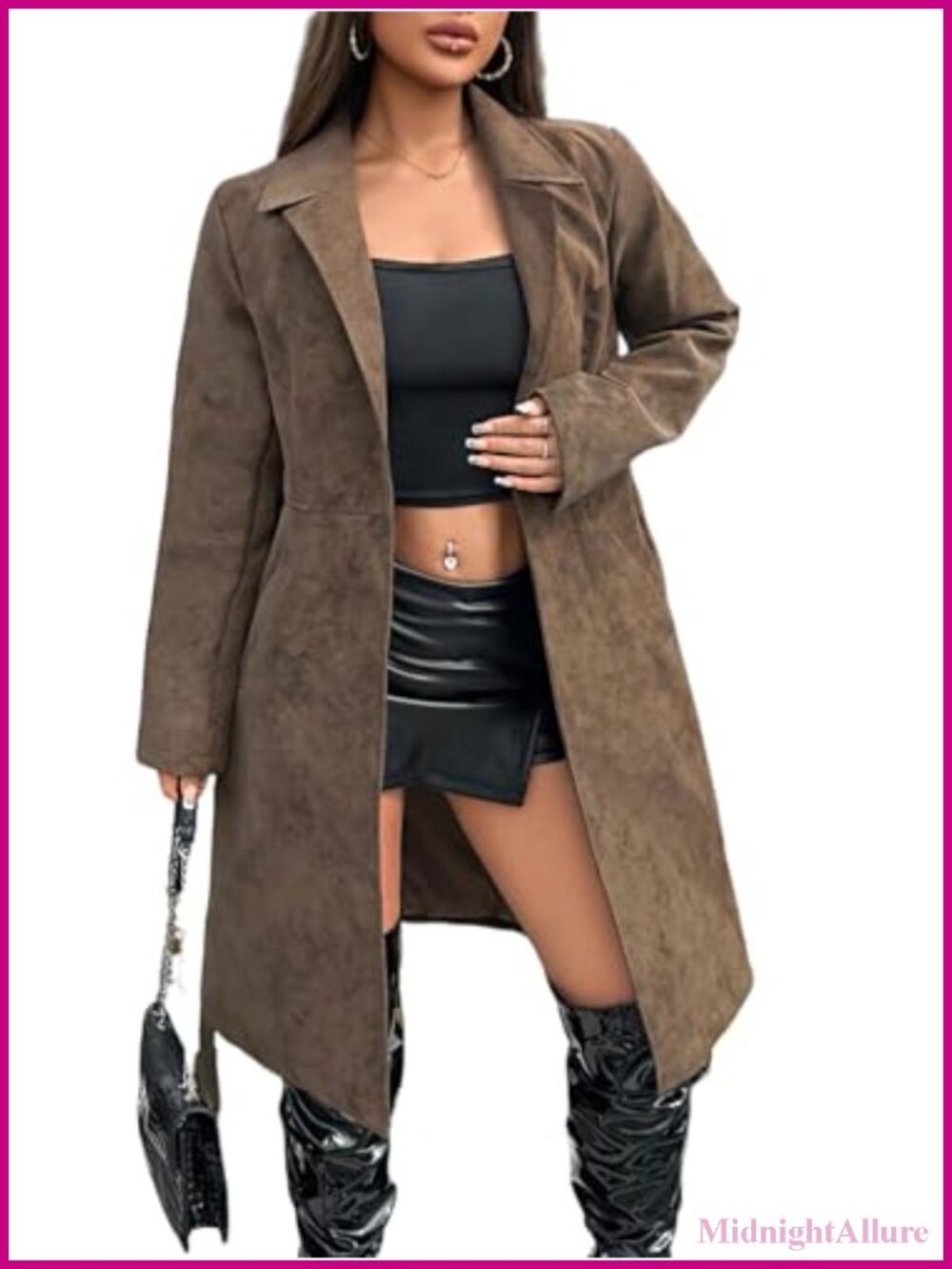 Women Suede Long Trench Coat Faux Leather Belted Lapel Collar Overcoat